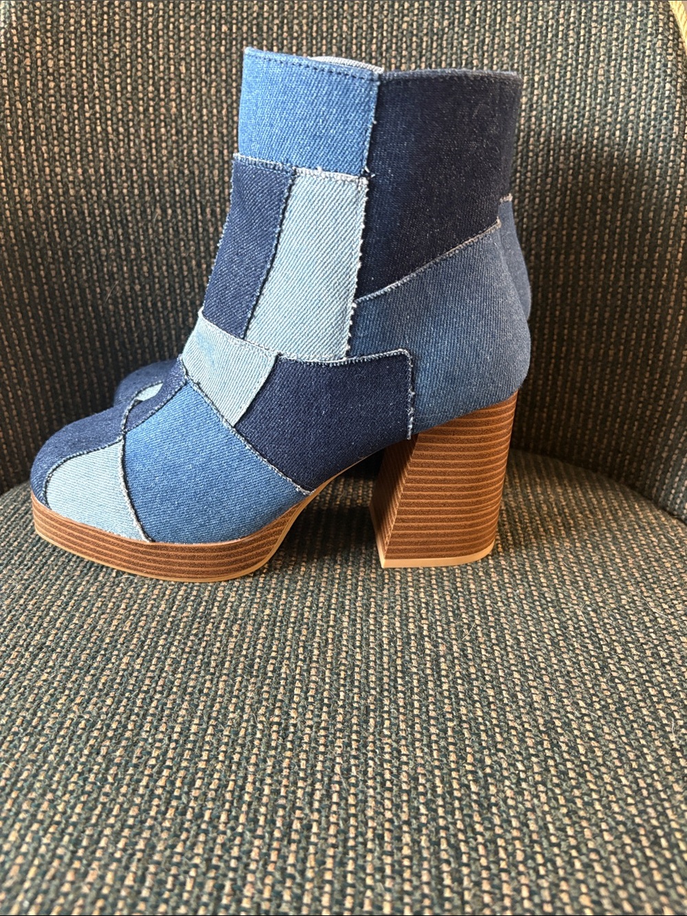 Patchwork Denim Platform Ankle Boots - Blue Multi - Picture 3 of 8